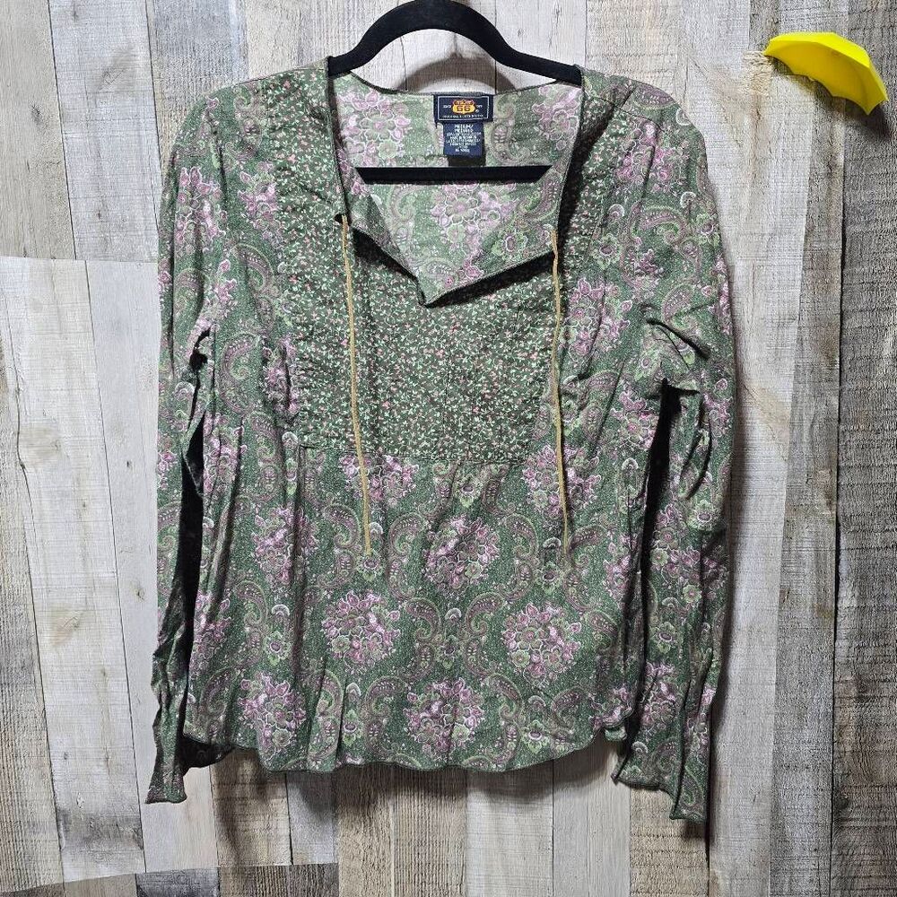 Route 66 Vintage Green Paisley Floral Peasant Top Medium Boho Indie Hippy Retro